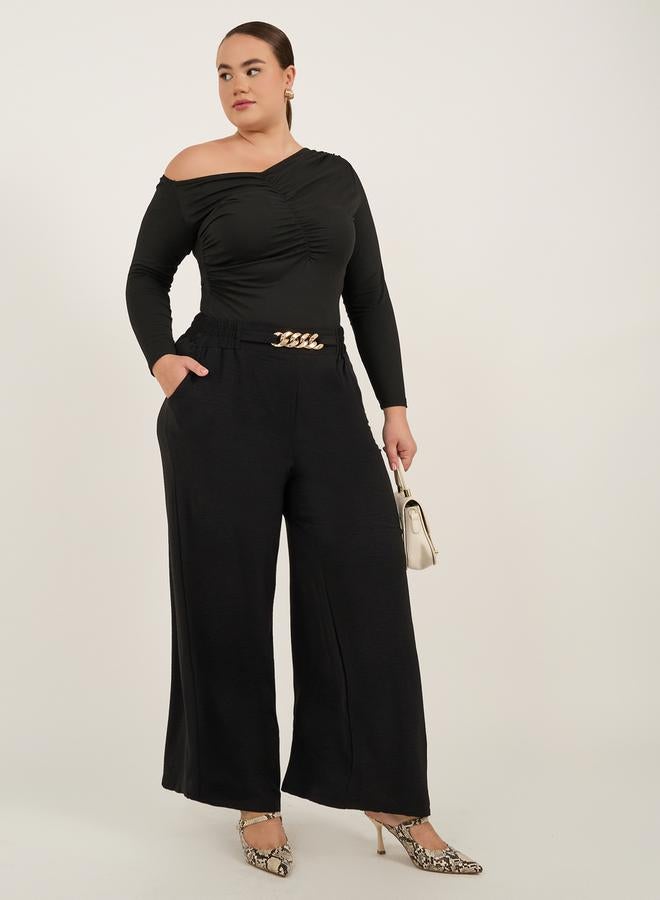 Styli Plus Size Textured Wide Leg Trousers with Chain Buckle Detail  - Image 1