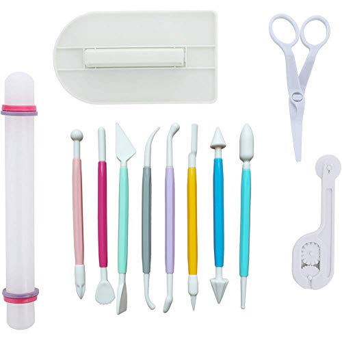 ScivoKaval Marshmallow Fondant Cake Decorating Hand Tool 12 Pcs 5 Sets Sugarcraft Gumpaste Icing Smoother Rolling Pin Trimmer Cutter Embosser Flower Scissor Modelling Accessories Supplies Kit Multi - Image 1