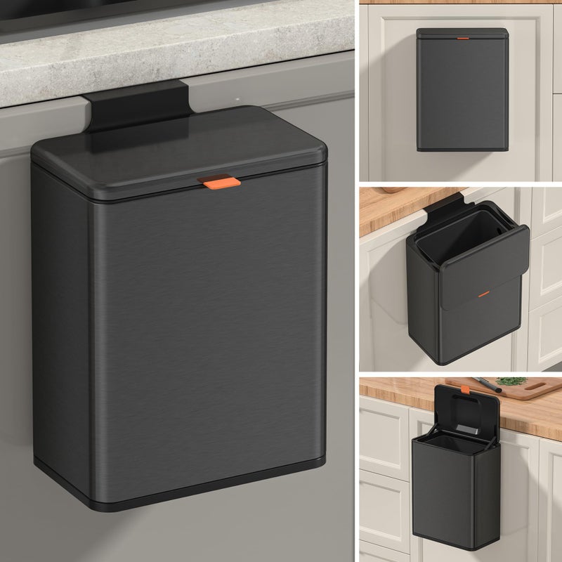 Mbillion Kitchen Compost Bin Hanging Trash Can with Lid 2.1 Gallon Stainless Steel Garbage Can for Kitchen Cabinet Door Mounted Trash Can Under Sink Door RV Bathroom,Brushed Black - Image 2