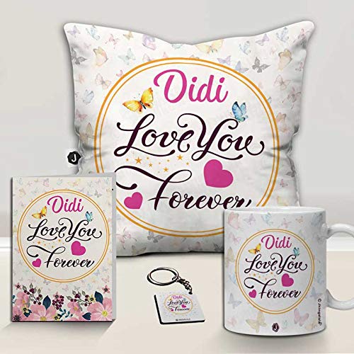 Jhingalala Jhingalala Satin Didi Love You Forever Printed 12x12 inches Cushion with Filler Coffee Mug Key Chain Greeting Card Combo for Sister