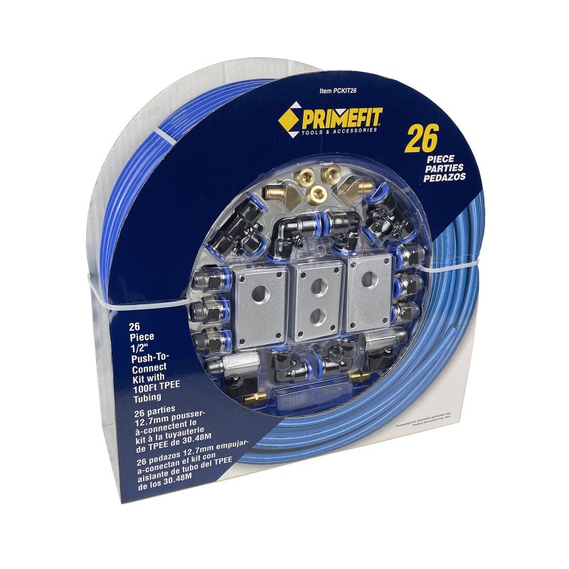 Primefit PCKIT26 Air Piping System, 26-Piece Air Push to Connect Kit with 1/2-Inch (OD) / 3/8" (ID) x 100-Feet TPEE Tubing - Image 2