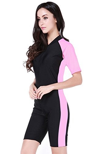 Cokar Women's One-piece Surf Swim Wet Suit Short Sleeve Rashguard Pink/Black, US-S(Asian-M) - Image 1