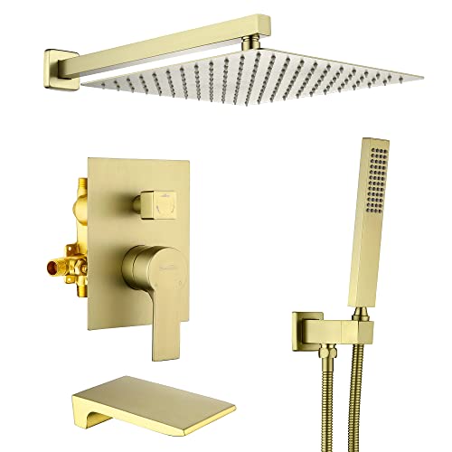 SHAMANDA Shower System with Waterfall Tub Spout and Handheld Shower Head, 12" Rain Shower Faucet Sets Complete with Shower Round-in Valve and Trim Wall Mount, Brushed Gold, L101-3 - Image 1