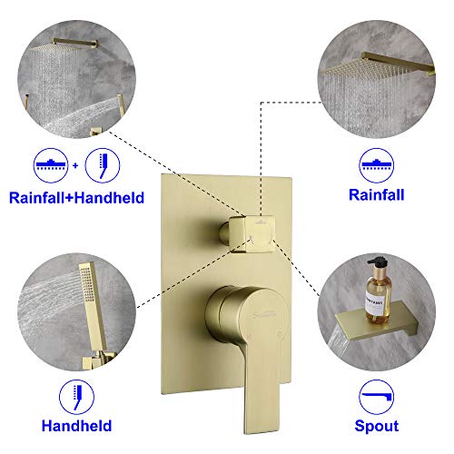 SHAMANDA Shower System with Waterfall Tub Spout and Handheld Shower Head, 12" Rain Shower Faucet Sets Complete with Shower Round-in Valve and Trim Wall Mount, Brushed Gold, L101-3 - Image 3