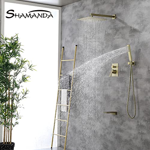 SHAMANDA Shower System with Waterfall Tub Spout and Handheld Shower Head, 12" Rain Shower Faucet Sets Complete with Shower Round-in Valve and Trim Wall Mount, Brushed Gold, L101-3 - Image 2