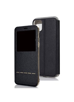Case Cover For iPhone 11 Pro Max Matte Texture Horizontal Flip Bracket Mobile Phone Holster Window with Caller ID and Metal Button Slide To Unlock Black