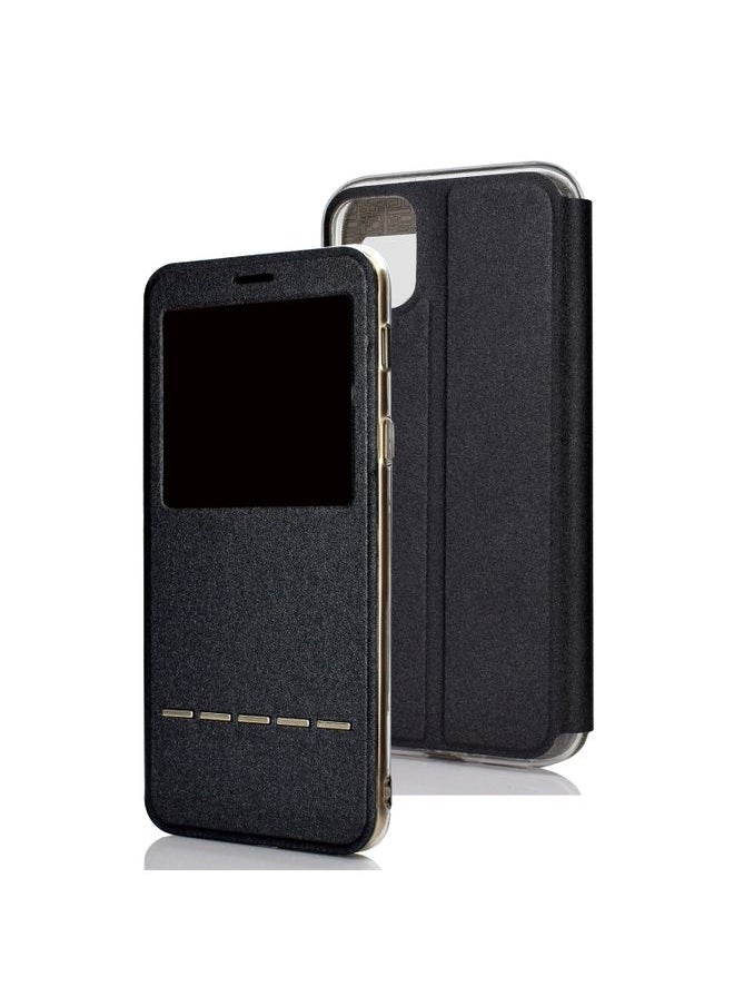 Generic - Case Cover For iPhone 11 Pro Max Matte Texture Horizontal Flip Bracket Mobile Phone Holster Window with Caller ID and Metal Button Slide To Unlock Black - Image 1