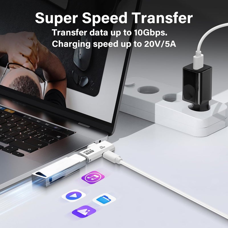 SinLoon USB C 32 Adapter 10Gbps USB C Male to Female with 100W PD Power Supply Adapter for Laptop Tablet Phone  White - Image 2