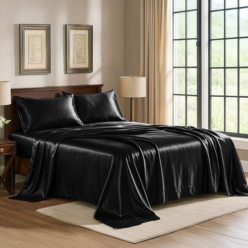 Pure Bedding Satin Sheets Queen [4-Piece, Black] Hotel Luxury Silky Bed Sheets - Extra Soft 1800 Microfiber Sheet Set, Wrinkle, Fade, Deep Pocket Fitted Sheet, Flat Sheet, Pillow Cases - Image 1