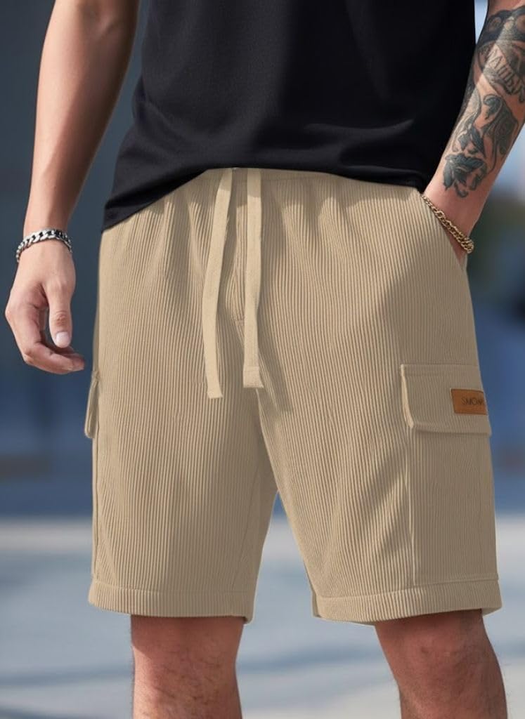SMOWKLY Authentics Classic Men's Ribbed Polycotton Relaxed Fit Cargo Stretch Shorts || Half Pant with Drawstring & 4 Pockets || Lightweight & Quick Dry (1668_CK_S) - Image 4