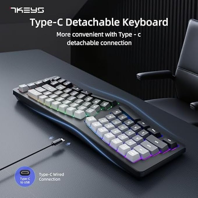 7KEYS لوحة مفاتيح مريحة سلكية، 69 مفتاح مضغوط مع مفاتيح الأسهم، إضاءة خلفية RGB لجهاز الكمبيوتر المحمول أو المكتبي (رمادي) - Image 2