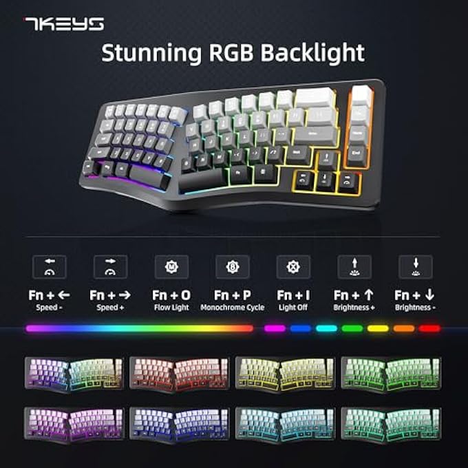 7KEYS لوحة مفاتيح مريحة سلكية، 69 مفتاح مضغوط مع مفاتيح الأسهم، إضاءة خلفية RGB لجهاز الكمبيوتر المحمول أو المكتبي (رمادي) - Image 3