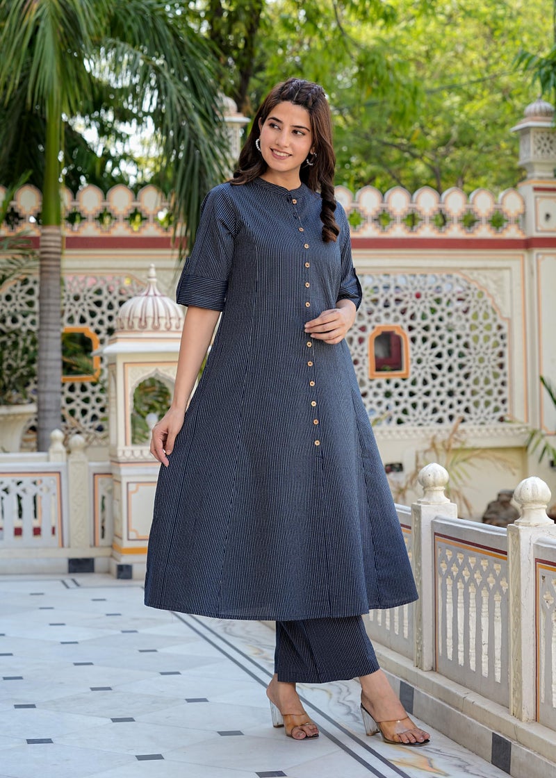 Yash Gallery Women's Kantha Stripe A-line Kurta & Pant Set (Blue, XXL) - Image 2