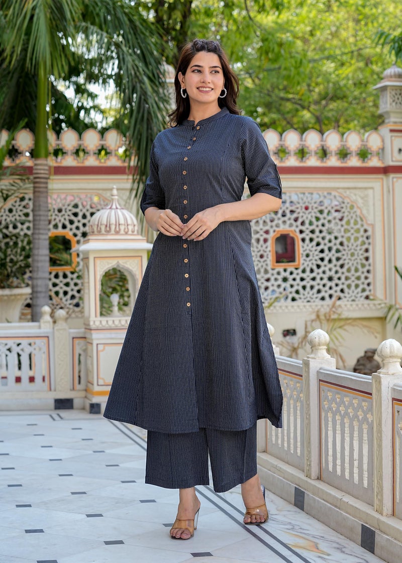 Yash Gallery Women's Kantha Stripe A-line Kurta & Pant Set (Blue, XXL) - Image 3