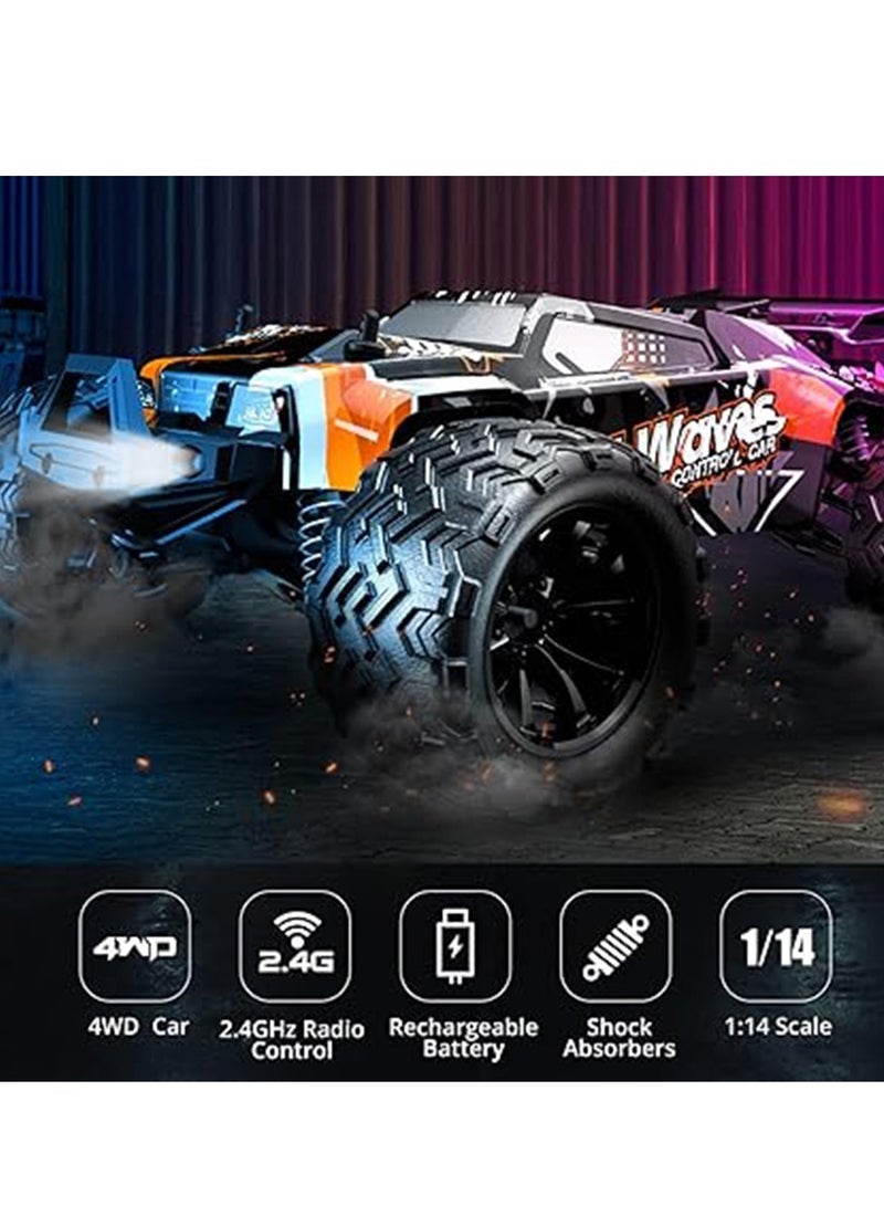 إكستريم 1/14 مقياس XTREME SPEED 9002E لجميع التضاريس 4WD RC سيارة 40 كم / ساعة محرك عالي السرعة بدون فرش ، جهاز تحكم عن بعد 2.4 جيجا هرتز ، شاحنة سباق للطرق الوعرة مقاومة للماء للبالغين والأطفال هواية الصف مع صدمات معدنية ، إطارات مضادة للانزلاق وفروق مزدوجة - Image 2