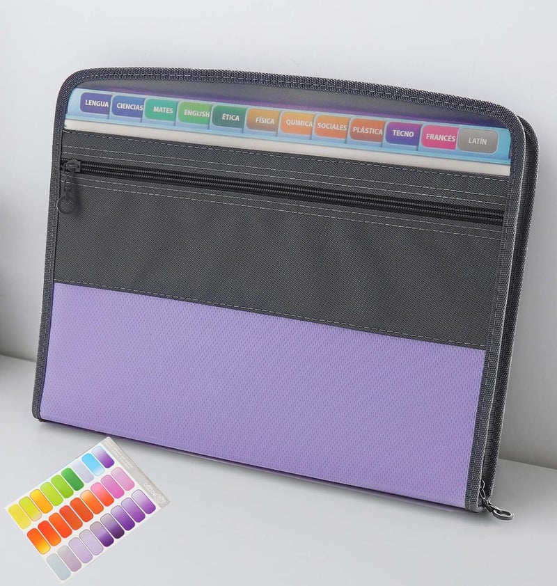 Nafy Accordion File Organizer, 13 Pockets Expanding File Folder with Zipper, A4 Letter Size Portable Accordion Expanding File Folders with 27pcs Colour Labels for Home Office School Supplies (Lilac) - Image 1