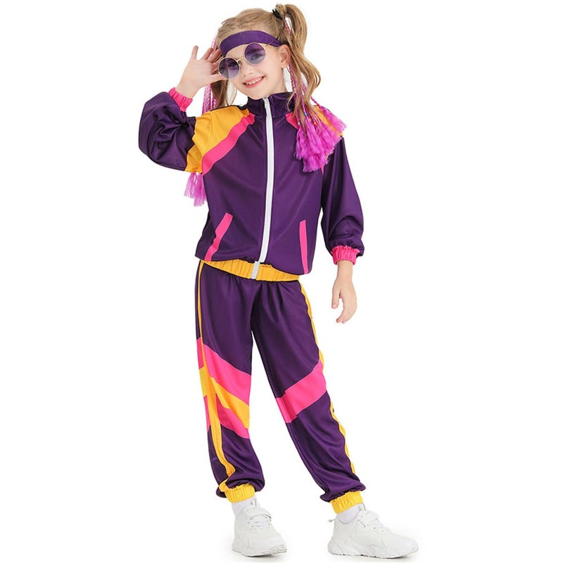 Jeleuon Boys Girls Retro Hip Hop 80S Tracksuit Costume Dance Sportswear Top Pants Sets Outfit Colorblock Windbreaker Sets L - Image 1