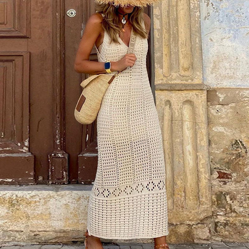Export Beachwear Pure Color Knitted Cut Out Long Vest Bikini Cover-Up Dress