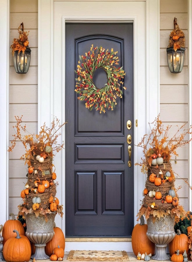CHEAWRTZ 24 Inch Fall Wreath Autumn Wreath for Front Door (Red+Orange) - Image 3