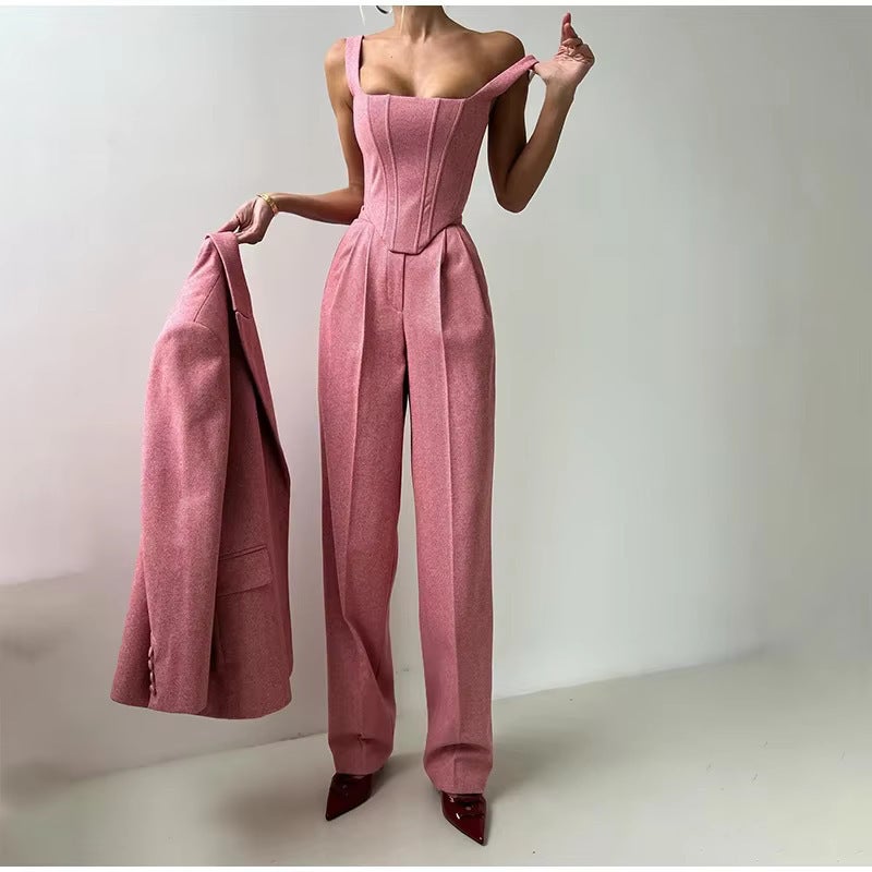 European and American Womens Fashion Solid Color Tight Waist Fishbone Shoulder Suit Three-piece Womens Simple All-match Commuter High Waist Trousers Pink suspender suit three-piece set