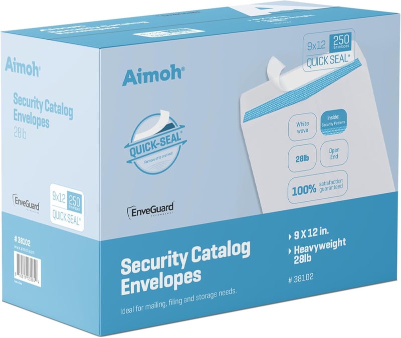 Aimoh 9x12 Self Seal Security White Catalog Envelopes – 250 Qty|28lb, Security Tinted, Ultra Strong Quick-Seal, 9x12 inch, 250 Count (38102) - Image 1