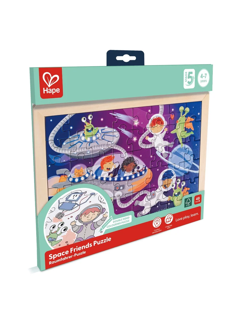 Hape Hape Space Friends 48-Piece Double-Sided Jigsaw Puzzle & Colouring Activity for Kids, Educational Space Puzzle with Plywood Tray & Reference Poster, Creative Learning Toy, Ages 4-7
