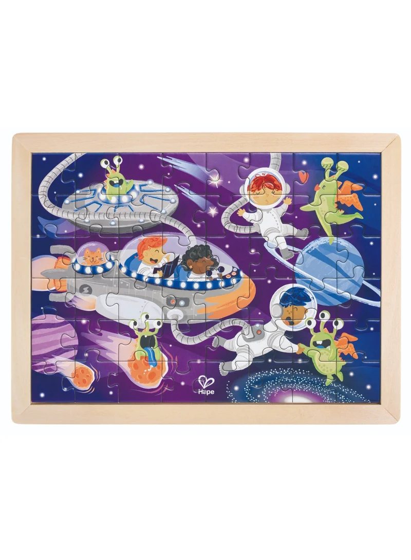 Hape Hape Space Friends 48-Piece Double-Sided Jigsaw Puzzle & Colouring Activity for Kids, Educational Space Puzzle with Plywood Tray & Reference Poster, Creative Learning Toy, Ages 4-7