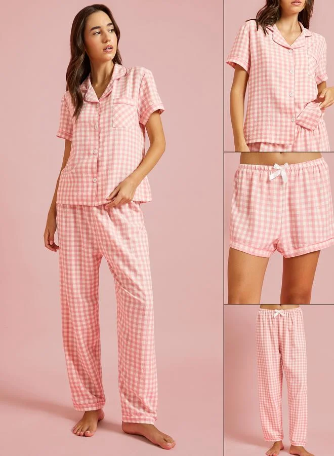 ستايلي Pack of 3 - Gingham Shirt, Short and Straight Pyjama Set