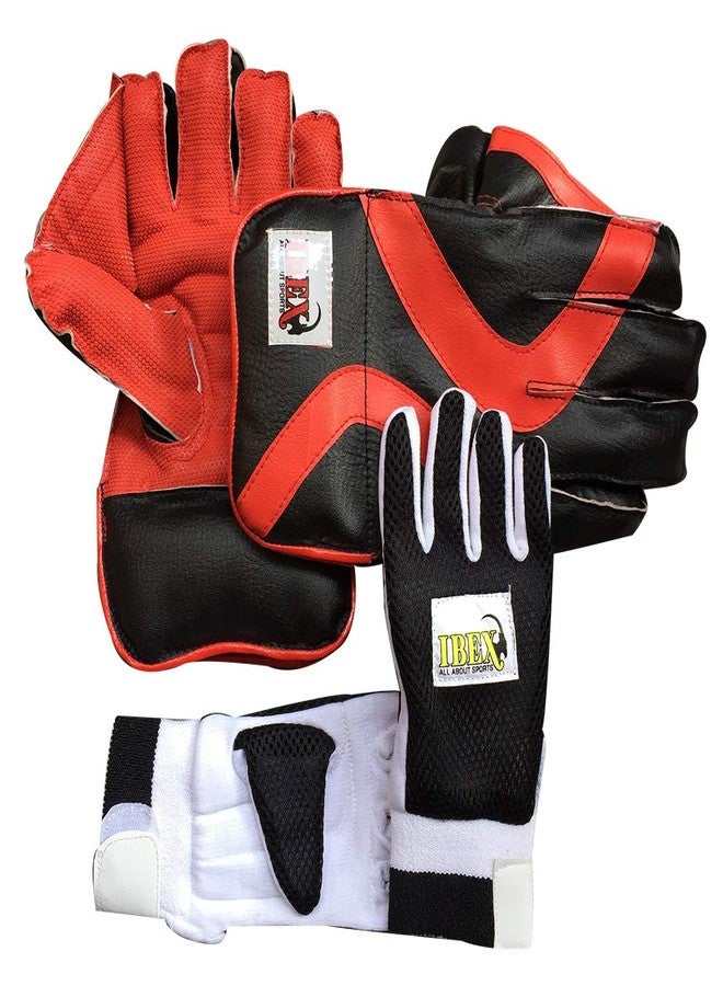 JetFire Ibex Men's Leather, Polyvinyl Chloride, Rubber Regular Cricket Wicket Keeping Gloves Combo with Black Inner (Red) - Image 3
