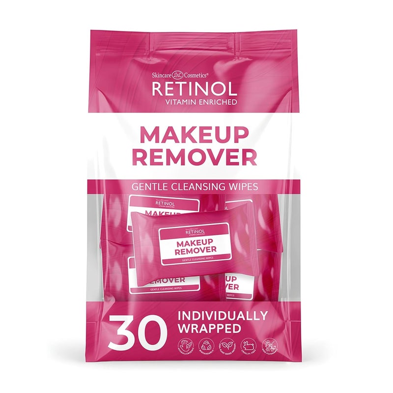 Retinol Individually Wrapped Makeup Remover Wipes travel essentials for Travel  On the Go women facial cleansing wipes remove makeup mascara  sunscreen with micellar water 30 single face wipes