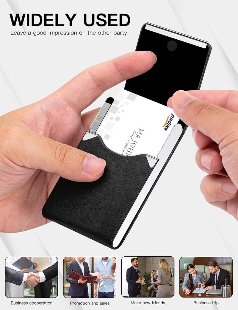 Padike Professional Business Card Holder PU Leather Business Card Case Name Card Holder Slim Metal Pocket Card Holder with Magnetic Shut (Y-Black) - Image 5