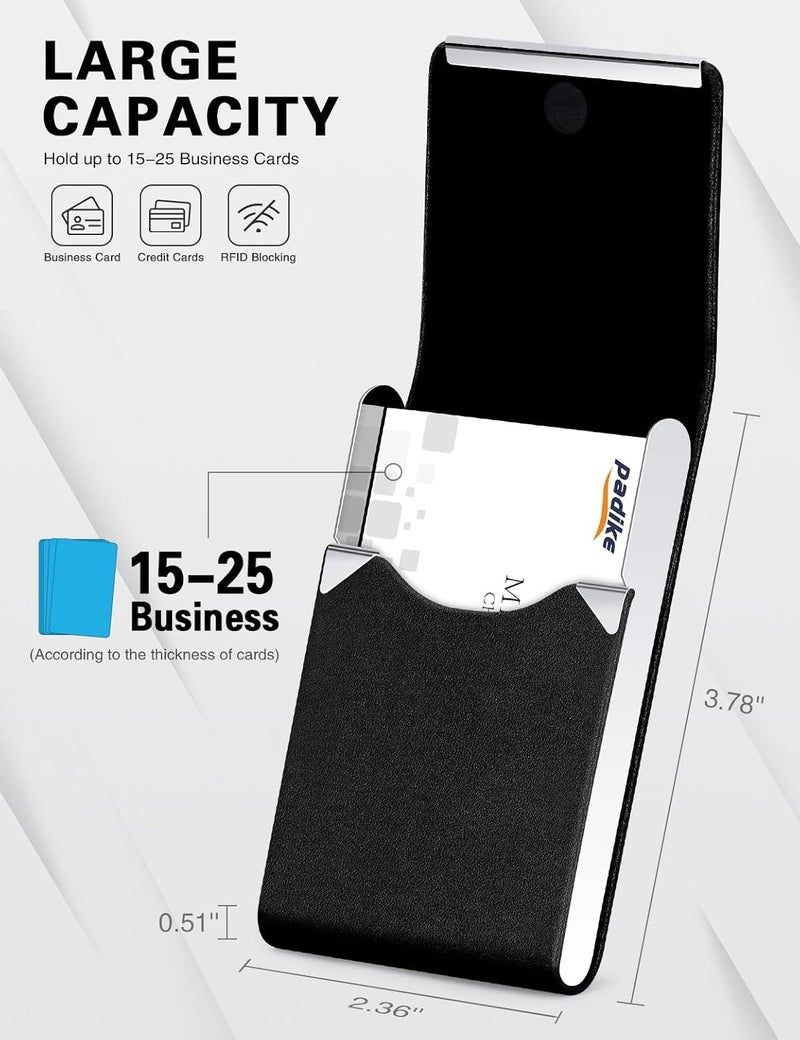 Padike Professional Business Card Holder PU Leather Business Card Case Name Card Holder Slim Metal Pocket Card Holder with Magnetic Shut (Y-Black) - Image 4