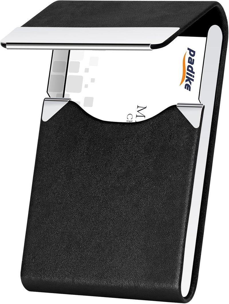 Padike Professional Business Card Holder PU Leather Business Card Case Name Card Holder Slim Metal Pocket Card Holder with Magnetic Shut (Y-Black) - Image 1