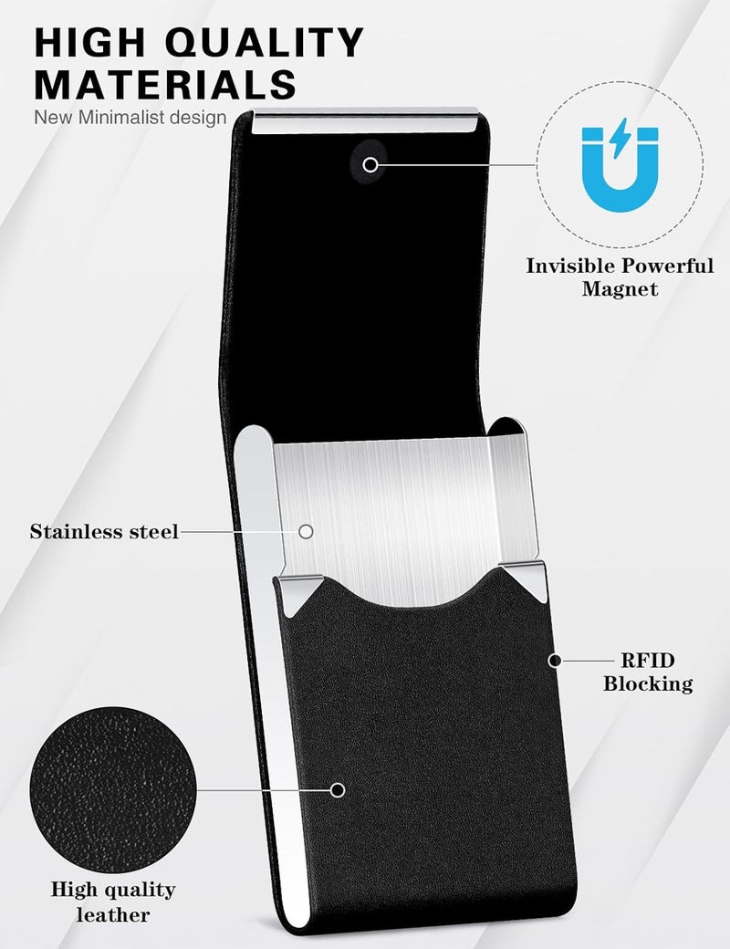 Padike Professional Business Card Holder PU Leather Business Card Case Name Card Holder Slim Metal Pocket Card Holder with Magnetic Shut (Y-Black) - Image 2