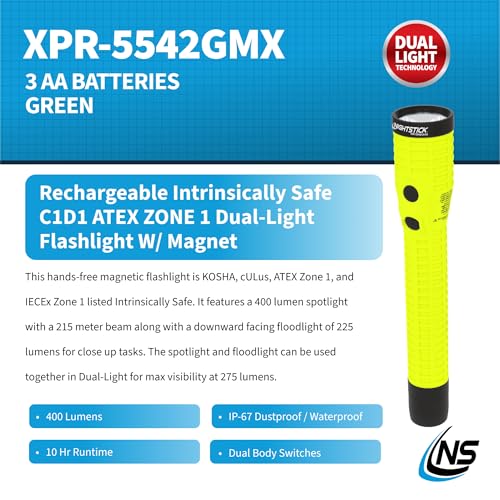 Nightstick XPR-5542GMX Intrinsically Safe Rechargeable Dual-Light Flashlight with Magnet, Green/Black - Image 2