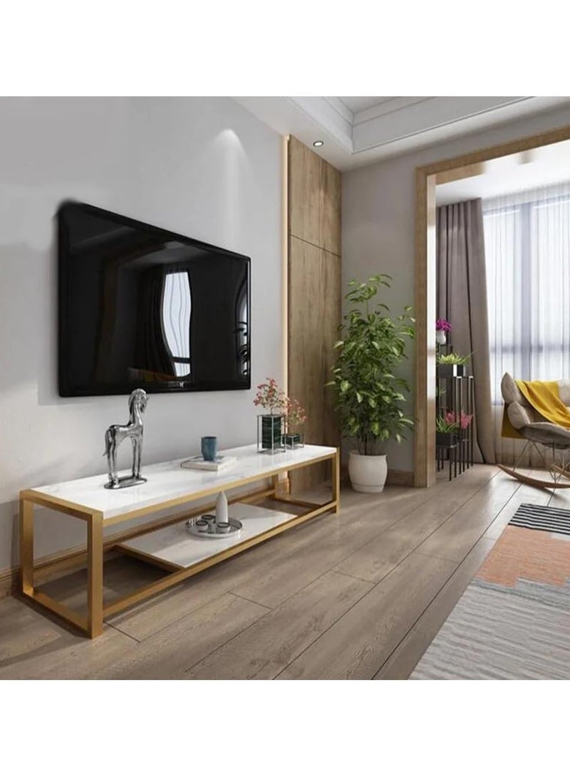 LINGWEI 𝐌𝐚𝐫𝐛𝐥𝐞 𝐓𝐕 𝐒𝐭𝐚𝐧𝐝, Premium Media Console with Storage, Metal and Marble, Modern TV Cabinet and Shelf, Multifunctional TV Stand, Elegant TV Table and Bench - Image 1