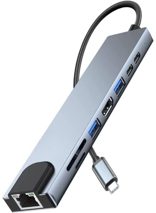 USB-C Multiport Adapter 8-in-1 – Aluminum Hub with 4K HDMI, 87W PD Charging, USB 3.0/2.0/1.1 Ports – Compatible with Laptops and HD Devices – Grey - Image 1