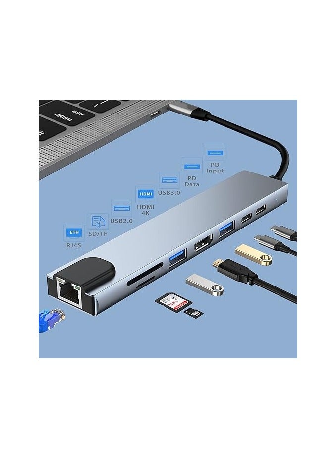 USB-C Multiport Adapter 8-in-1 – Aluminum Hub with 4K HDMI, 87W PD Charging, USB 3.0/2.0/1.1 Ports – Compatible with Laptops and HD Devices – Grey - Image 3