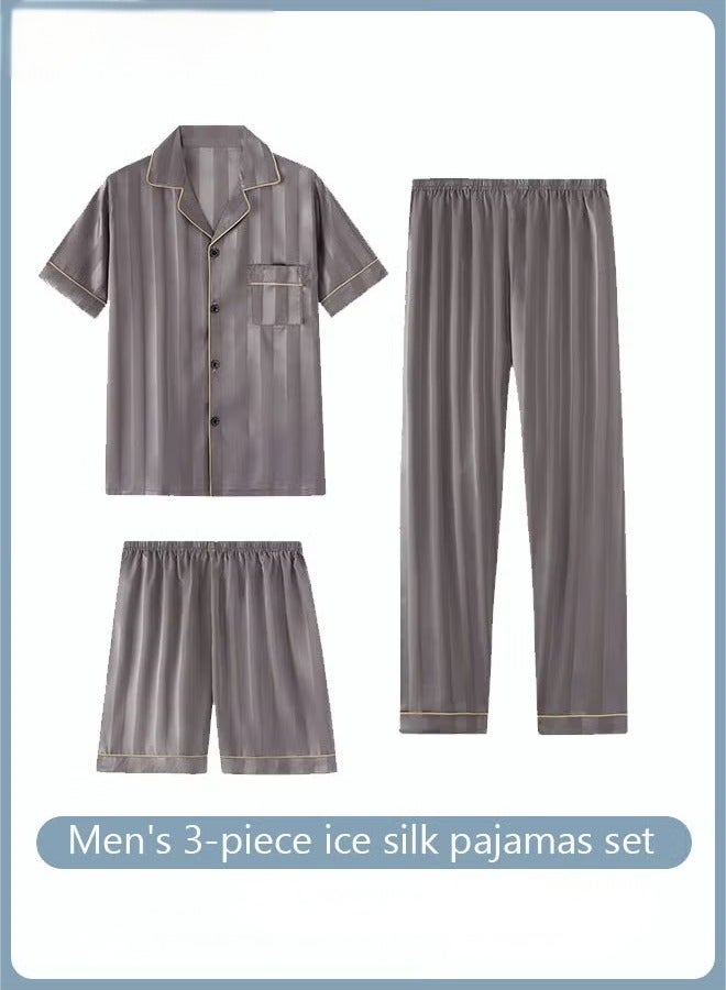 عام 3 قطع مجموعة من الرجال قصيرة الأكمام بيجامات السراويل بيجامة طقم بيجامة حرير الجليد شريط طباعة الربيع الصيف فضفاض حجم كبير ملابس نوم رجالية - Image 1