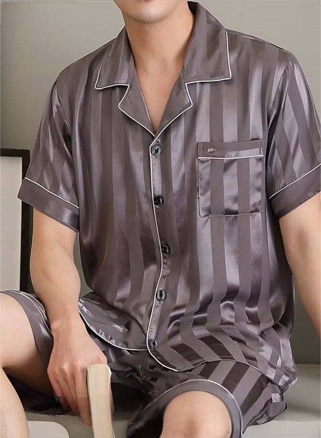 عام 3 قطع مجموعة من الرجال قصيرة الأكمام بيجامات السراويل بيجامة طقم بيجامة حرير الجليد شريط طباعة الربيع الصيف فضفاض حجم كبير ملابس نوم رجالية - Image 2