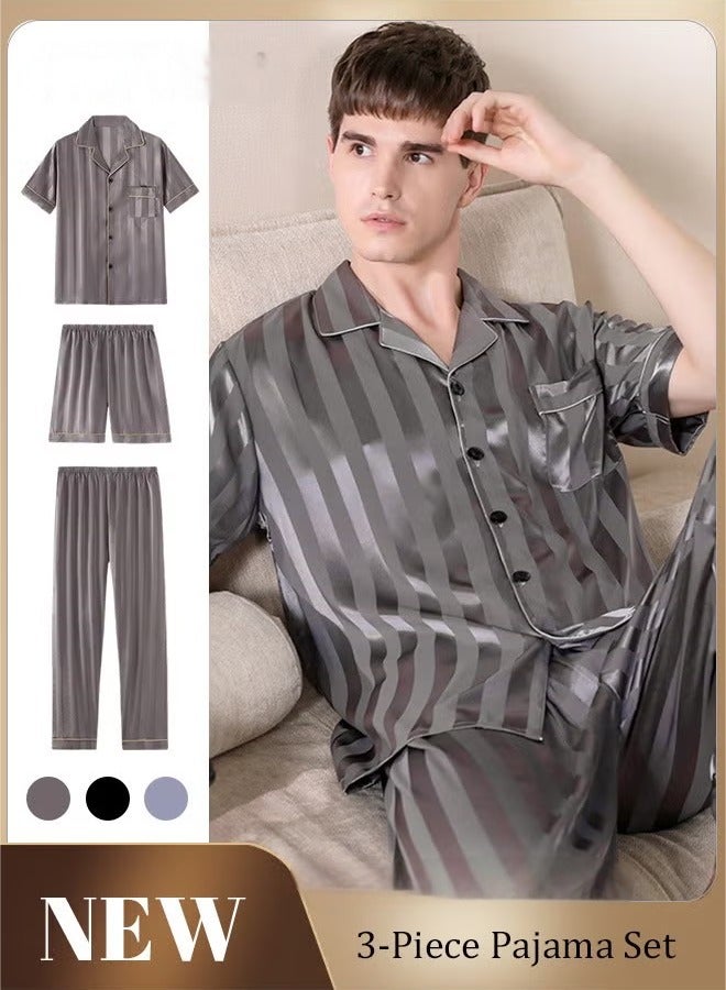 عام 3 قطع مجموعة من الرجال قصيرة الأكمام بيجامات السراويل بيجامة طقم بيجامة حرير الجليد شريط طباعة الربيع الصيف فضفاض حجم كبير ملابس نوم رجالية - Image 3