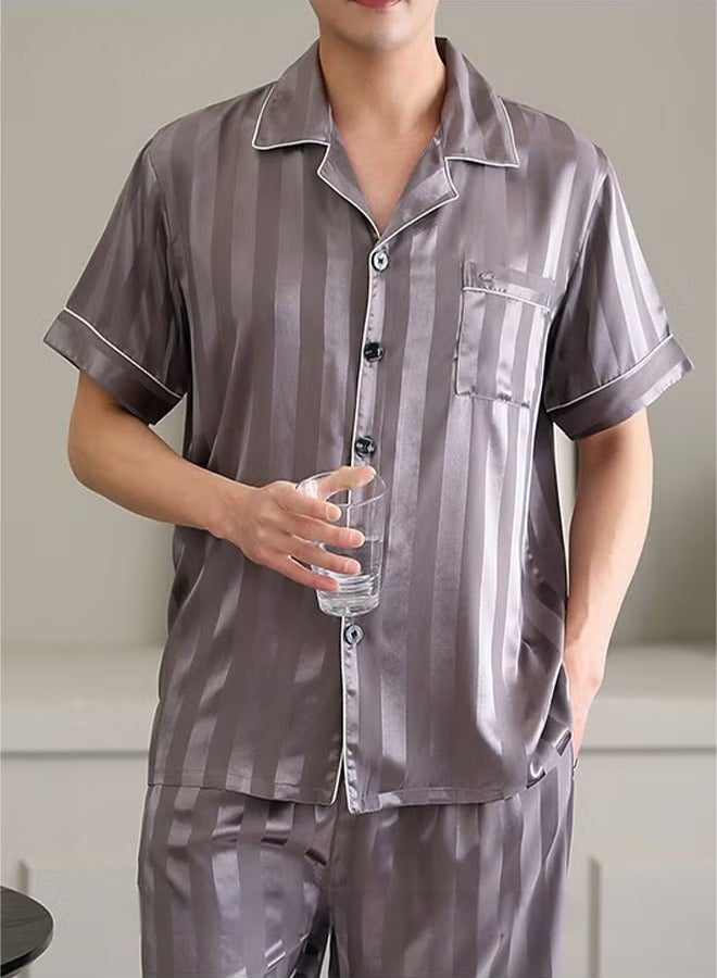 عام 3 قطع مجموعة من الرجال قصيرة الأكمام بيجامات السراويل بيجامة طقم بيجامة حرير الجليد شريط طباعة الربيع الصيف فضفاض حجم كبير ملابس نوم رجالية - Image 4