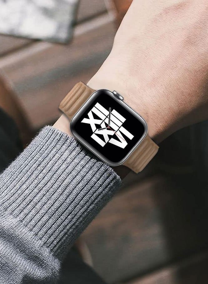 Compatible with Apple Watch Band 45mm Leather Watch Strap Replacement for Apple Watch Series 7/6/5/4/SE/3/2/1 iWatch(Brown/Brown) - Image 4