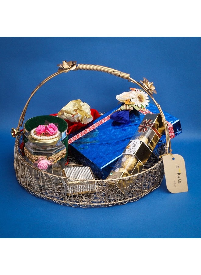 ekysa dekor metal meshwire multipurpose hamper Fancy Basket/Tray/Platter with hadles for Packing, Gifting, Decoration - Golden (10 * 10 * 2.5 inch) - Image 4