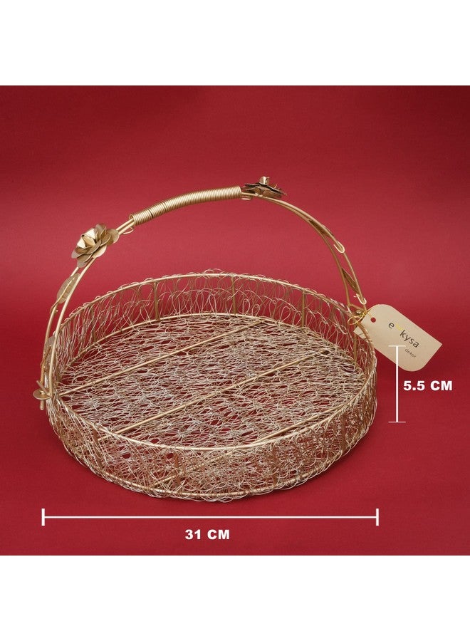 ekysa dekor metal meshwire multipurpose hamper Fancy Basket/Tray/Platter with hadles for Packing, Gifting, Decoration - Golden (10 * 10 * 2.5 inch) - Image 2