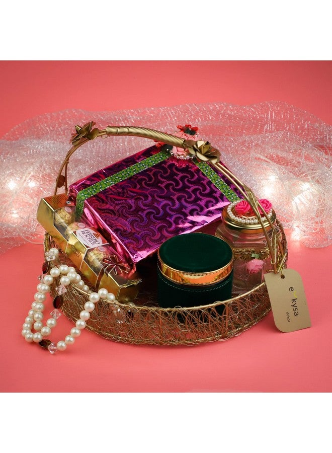 ekysa dekor metal meshwire multipurpose hamper Fancy Basket/Tray/Platter with hadles for Packing, Gifting, Decoration - Golden (10 * 10 * 2.5 inch) - Image 3