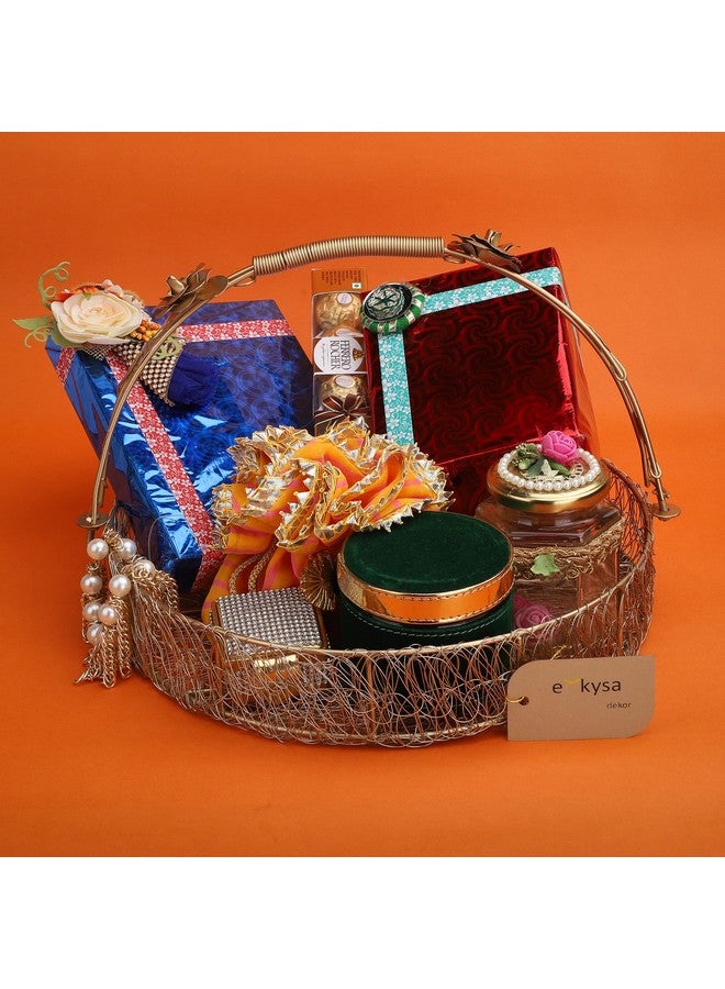 ekysa dekor metal meshwire multipurpose hamper Fancy Basket/Tray/Platter with hadles for Packing, Gifting, Decoration - Golden (10 * 10 * 2.5 inch) - Image 5