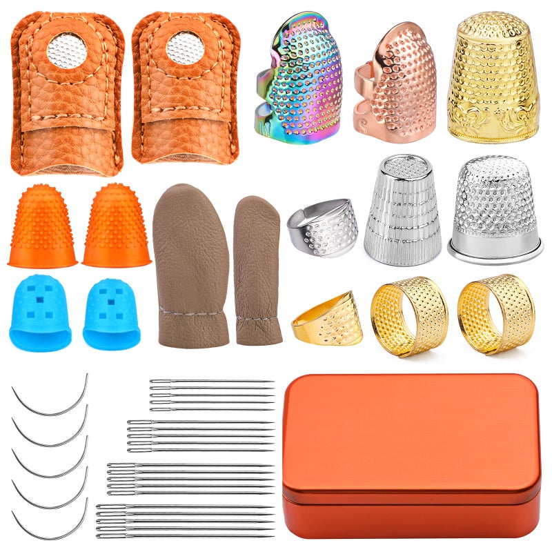 Mnuizu Sewing Thimble Set with Storage Box - Includes Sewing Big Eye Needle, Finger Protector & Adjustable Finger Guard - Quality Metal Copper Thimble - Ideal Sewing Tools for DIY Projects - Image 1