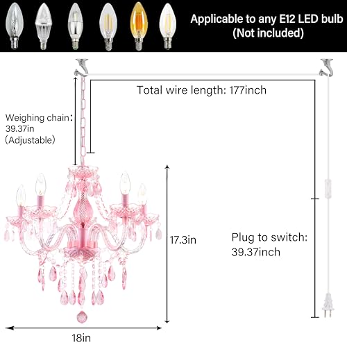 PAPAYA Plug-in 5 Lights Pink Crystal Hanging Pendant Light Acrylic Chandelier with Clear Cord & On/Off Switch H19 D19.7 for Kitchen Island Girls' Room Dining Area Laundry Pavilion. - Image 2