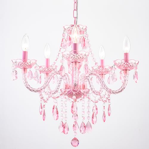 PAPAYA Plug-in 5 Lights Pink Crystal Hanging Pendant Light Acrylic Chandelier with Clear Cord & On/Off Switch H19 D19.7 for Kitchen Island Girls' Room Dining Area Laundry Pavilion. - Image 3